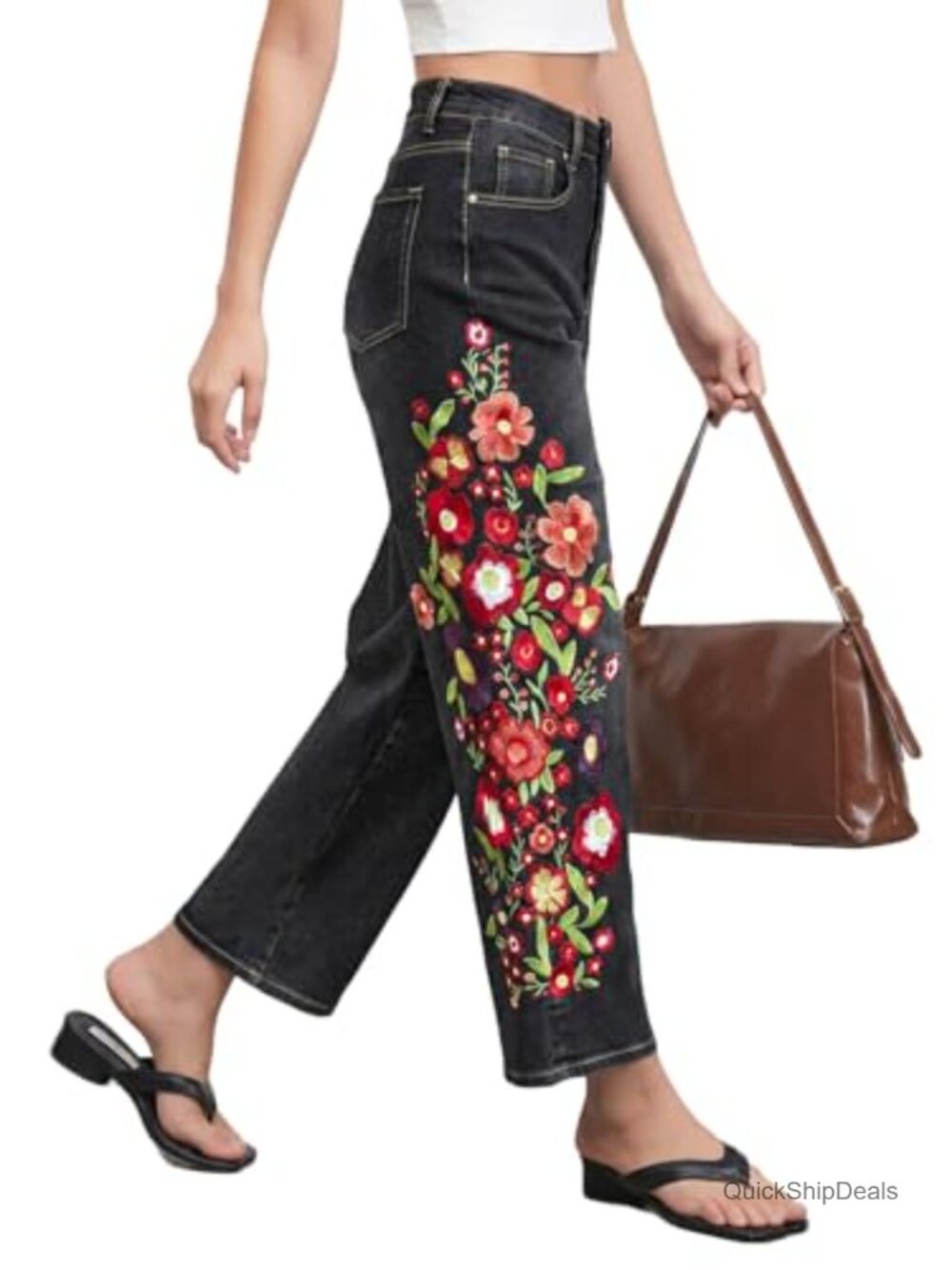 Cropped Floral Print Denim Jeans Mid Rise Boho Ankle Pants